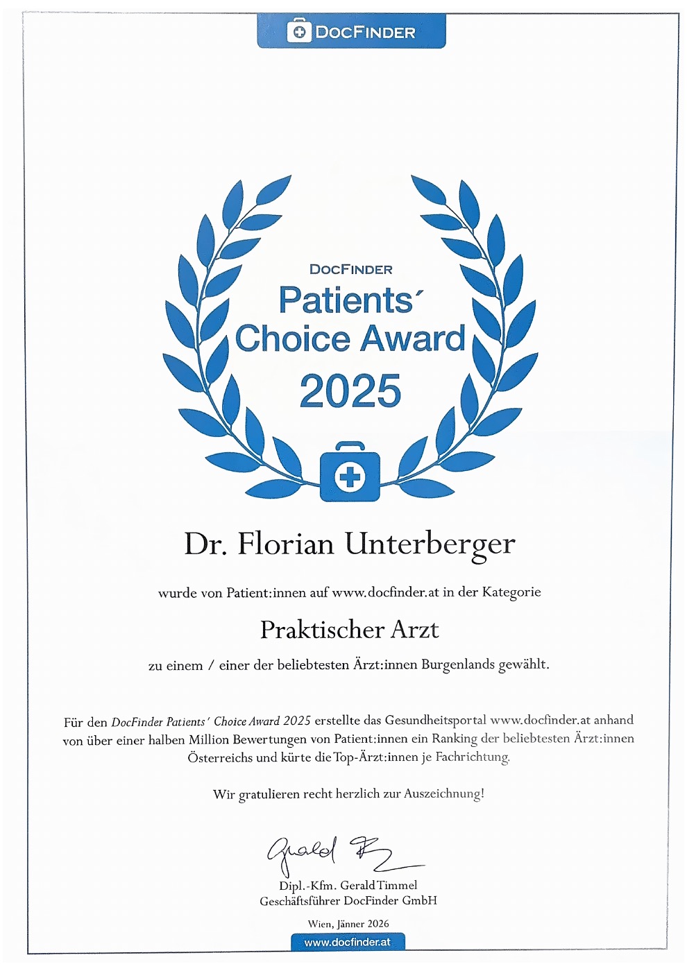 DocFinder Patients’ Choice Award 2025 für Dr. Florian Unterberger